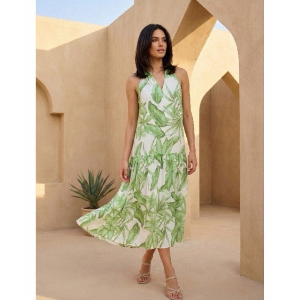MLLE Gabrielle Women's Green Palm Tree Leaf Summer Maxi Vaca Dress Size M NWT - Picture 1 of 10